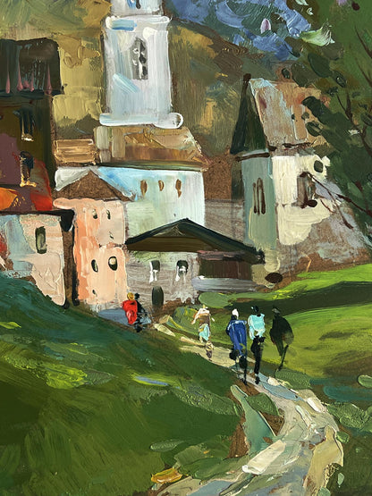 Vibrant impressionist oil painting by Yuriy Suprunchuk: village church visit
