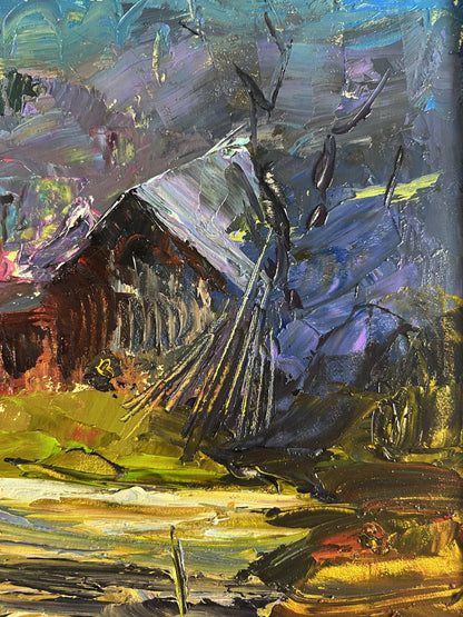Oil painting Village in the mountains by Boris Serdyuk, rustic cabin landscape