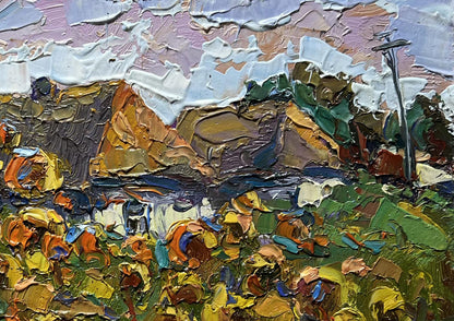 Textured impasto oil painting of cozy village life by Oksana Ivanyuk