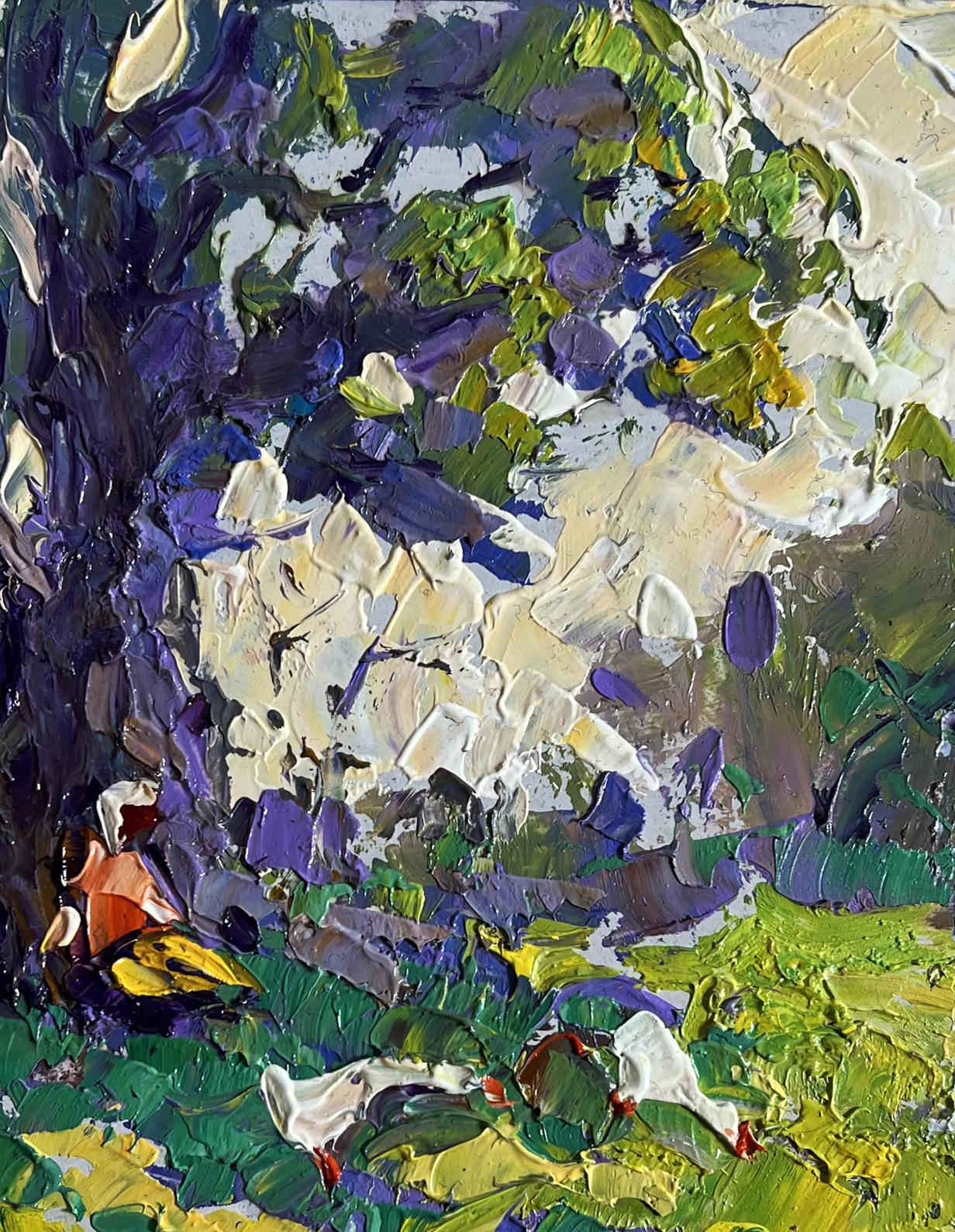 Vibrant impressionist painting featuring bold brushstrokes of green, purple, and white depicting a sunlit garden scene.