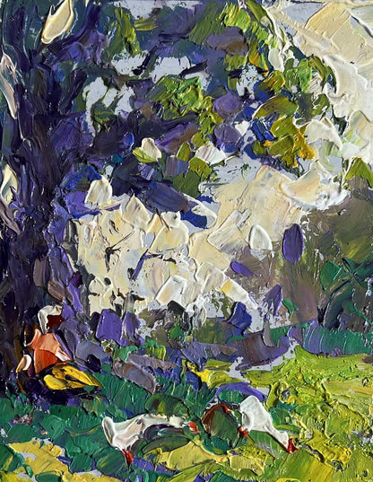 Vibrant impressionist painting featuring bold brushstrokes of green, purple, and white depicting a sunlit garden scene.