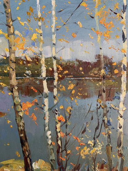 Oil painting View through the birches by Yuriy Suprunchuk autumn lake scene
