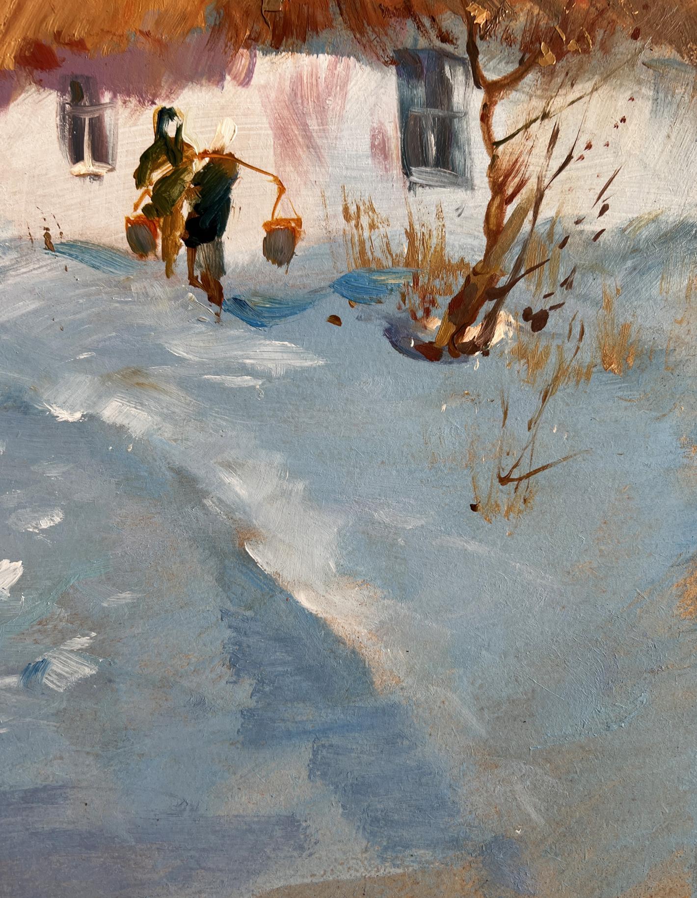 Oil painting of snowy village yard cottage by Yuriy Suprunchuk