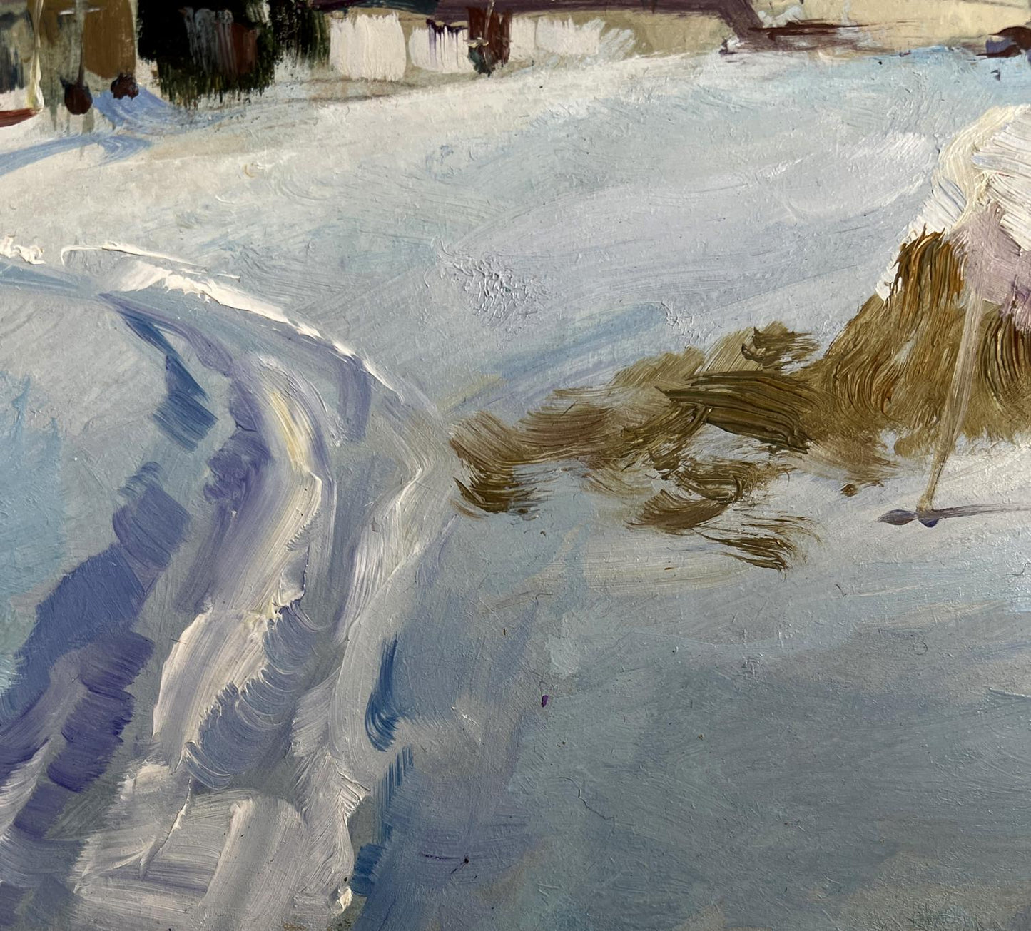 Textured impressionistic oil painting of snowy winter night landscape by Yuriy Suprunchuk