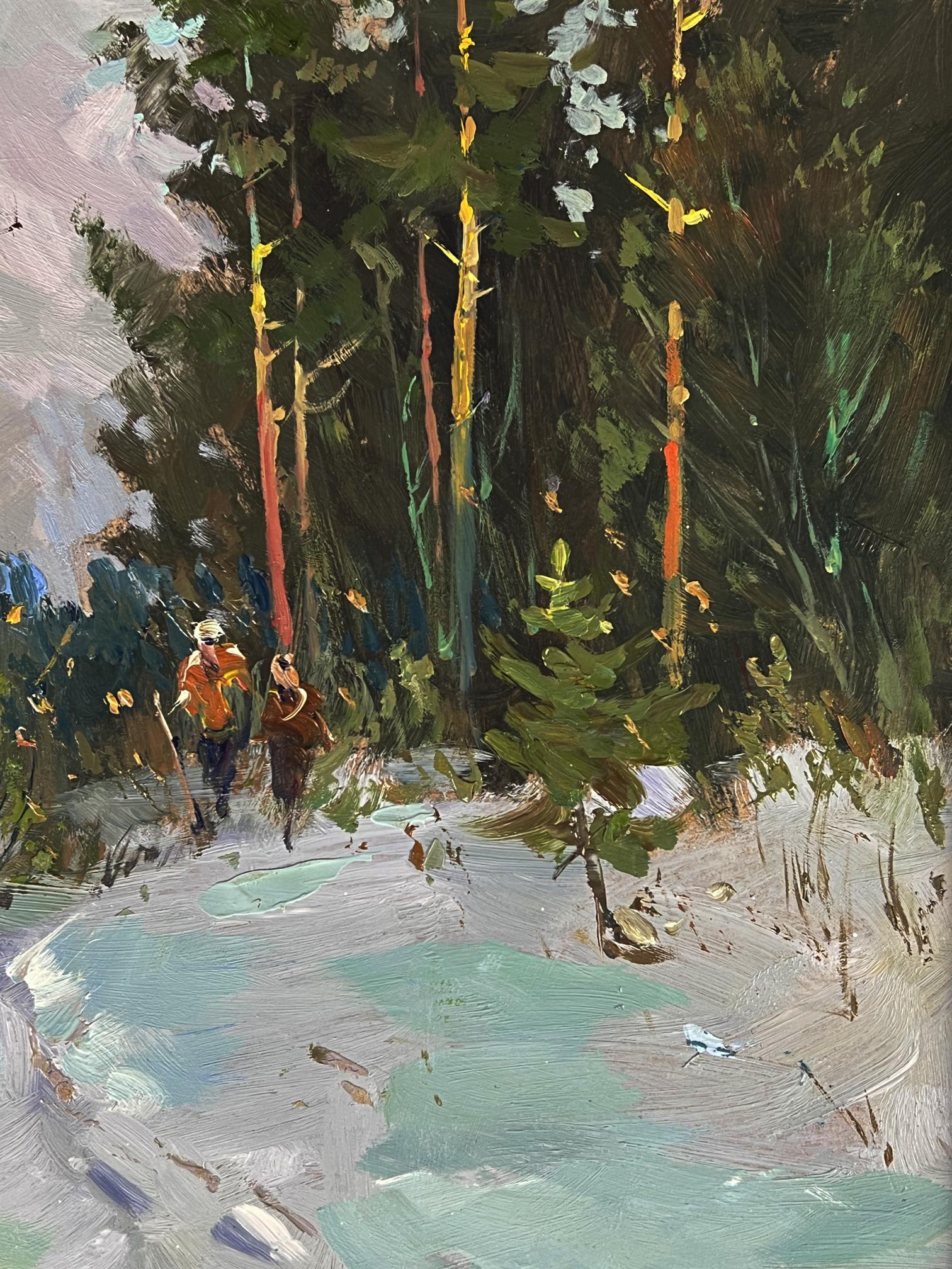 Vibrant impressionistic oil painting of winter forest hike by Yuriy Suprunchuk