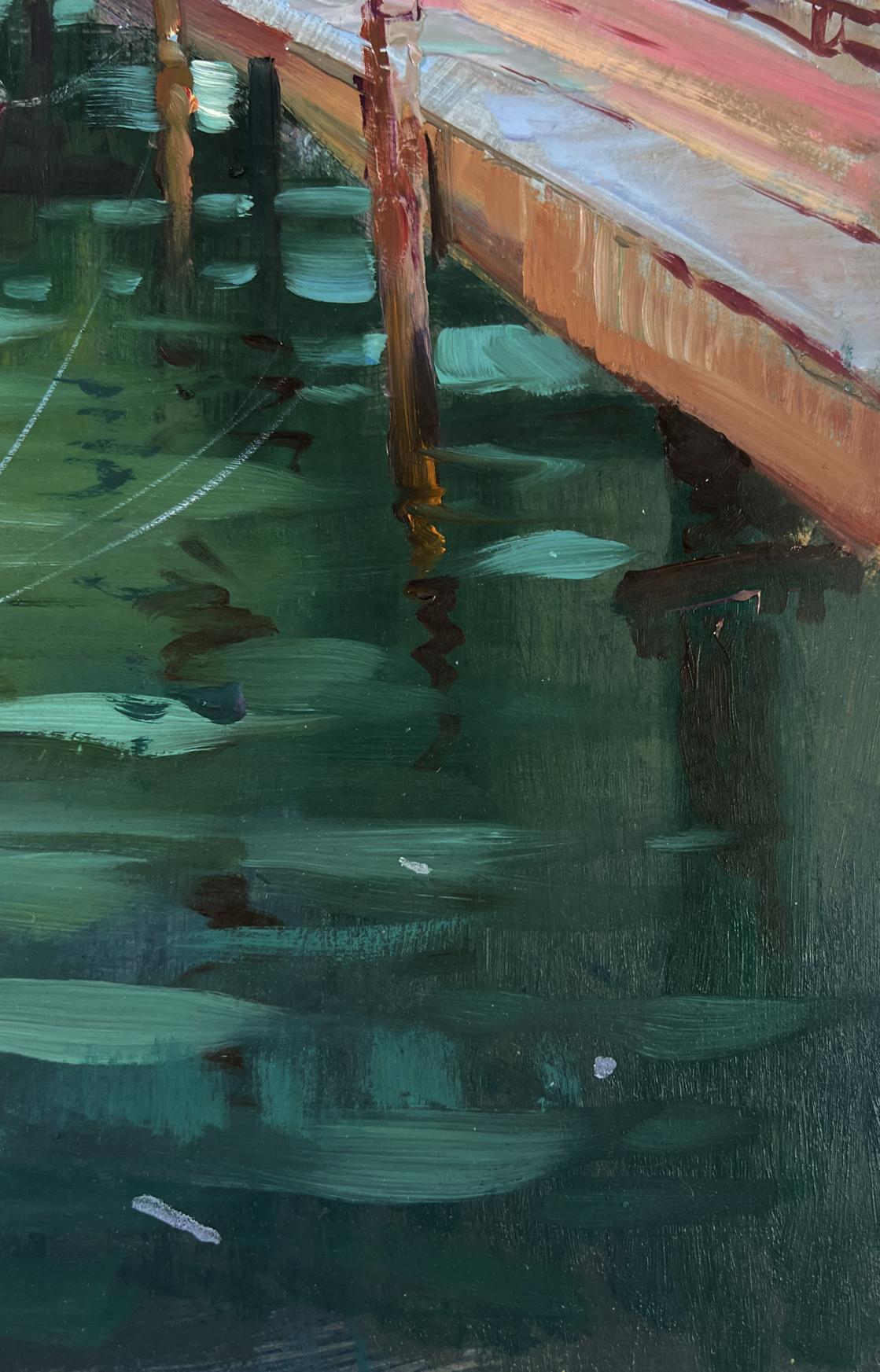 Oil painting of ship preparing to sail on pier over calm green water by Yuriy Suprunchuk