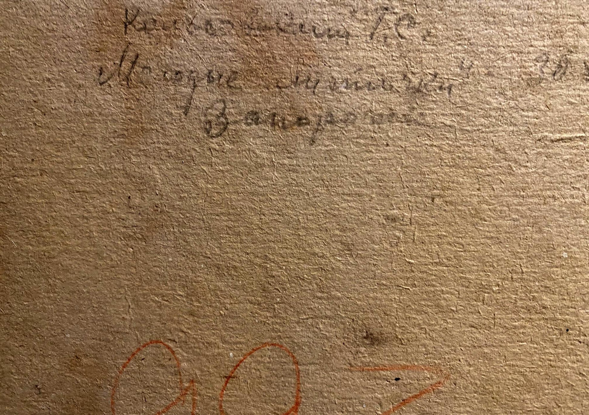 Back of Georgy Kolosovsky Young days oil painting: handwritten Cyrillic on aged paper