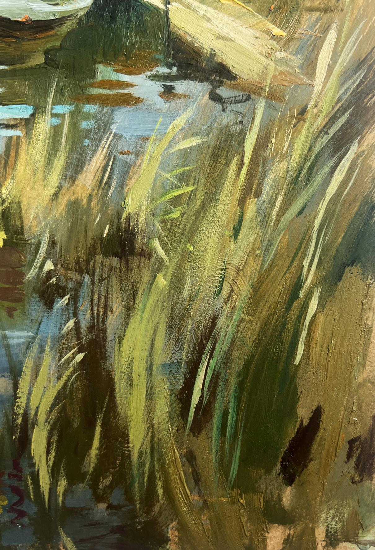 Oil painting Seeing off the Sunset by Yuriy Suprunchuk: golden-green reeds in water