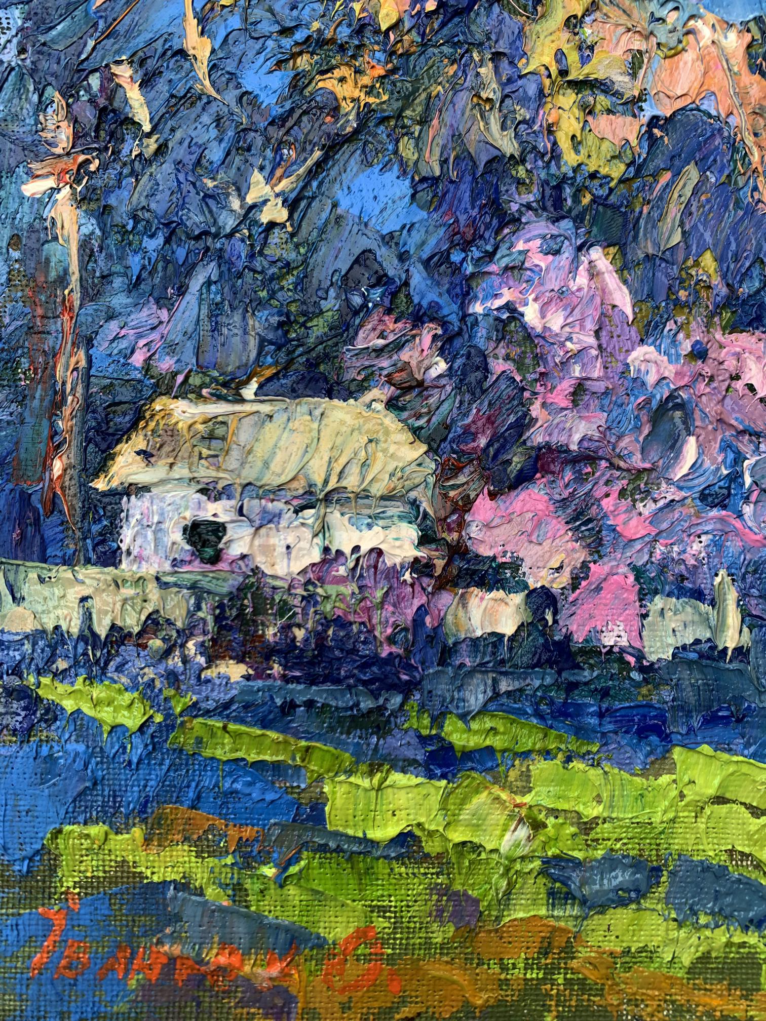 Oil painting Morning walk by Oksana Ivanyuk: rustic cottage in vibrant foliage