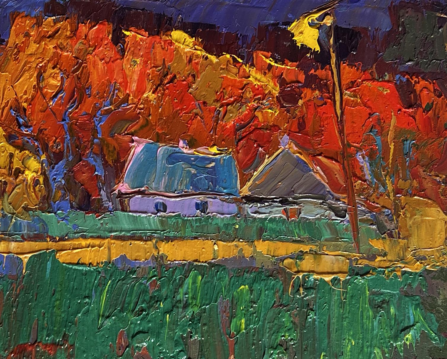 Vibrant impressionist oil painting Crimson autumn in the village by Oksana Ivanyuk