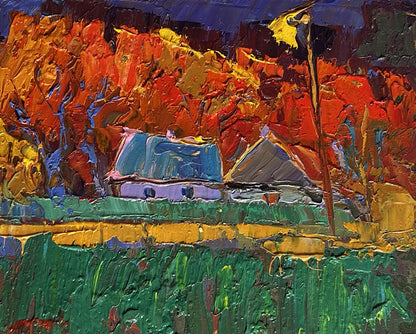 Vibrant impressionist oil painting Crimson autumn in the village by Oksana Ivanyuk