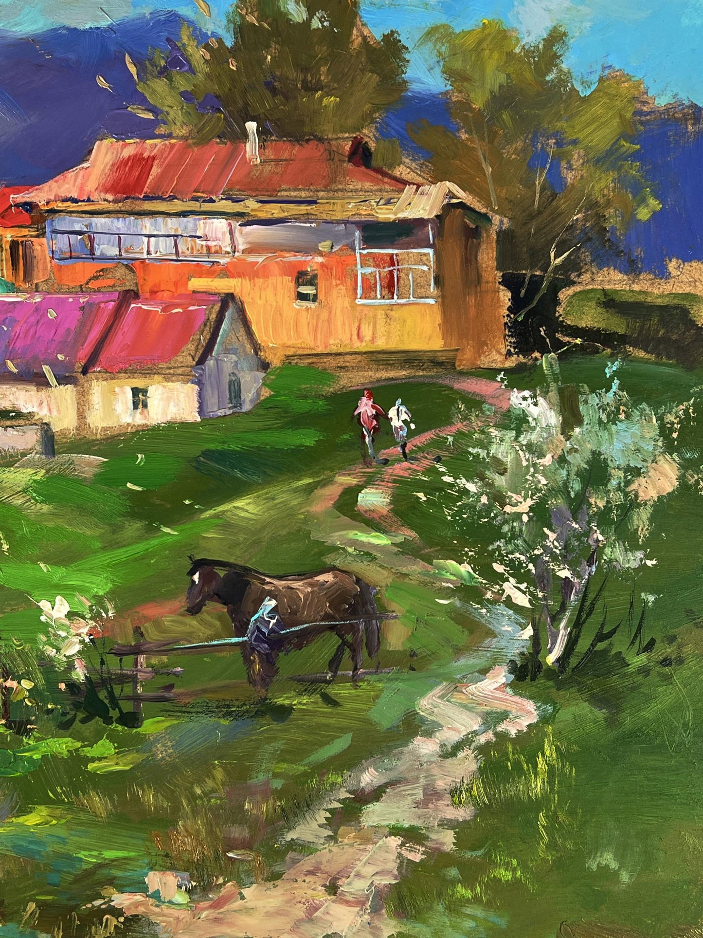 Rustic impressionist oil painting of house on mountain by Yuriy Suprunchuk