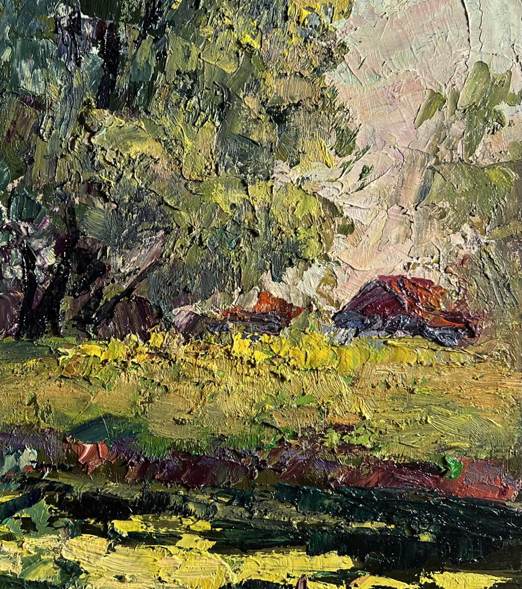 Oil painting Enjoying the Silence by Boris Serdyuk with textured green foliage and red object