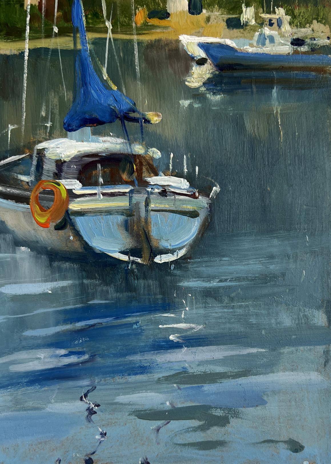 Impressionistic oil painting of small white boat with blue sail and orange life ring by Yuriy Suprunchuk