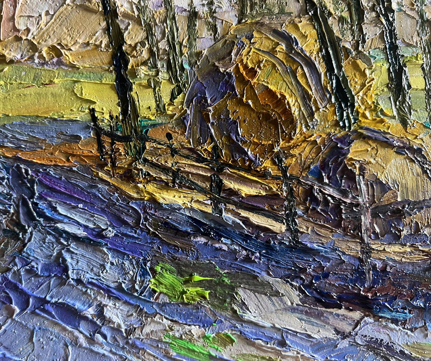 Oil painting March days in the field by Boris Serdyuk, textured yellow purple blue