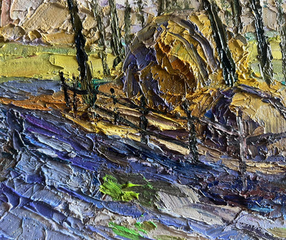 Oil painting March days in the field by Boris Serdyuk, textured yellow purple blue