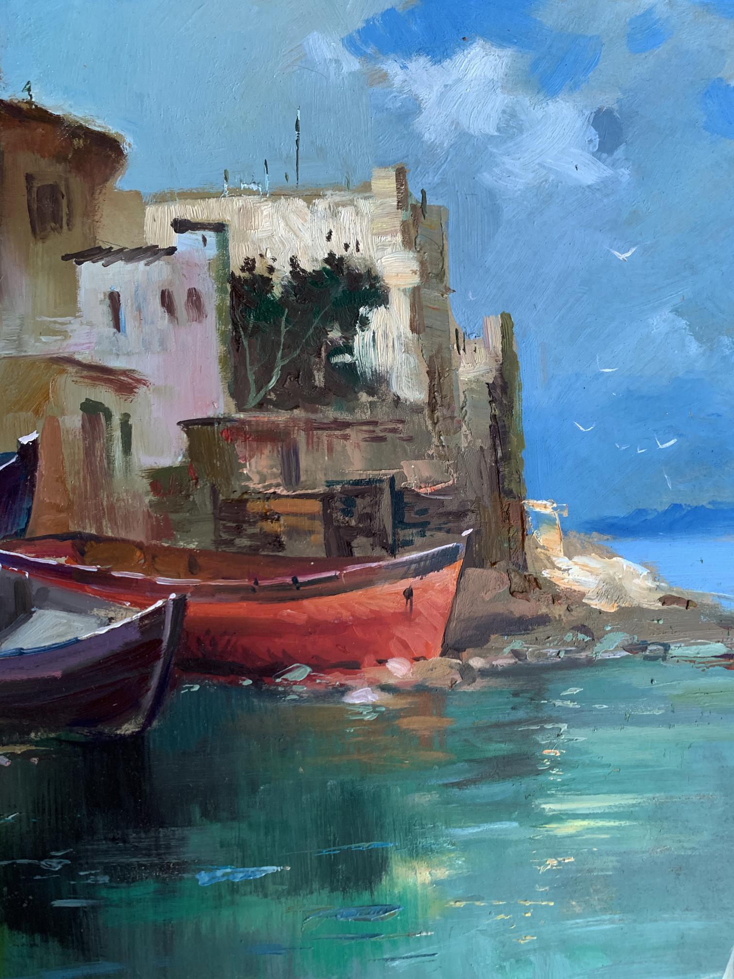 Vibrant red rowboat in turquoise water by stone building, Yuriy Suprunchuk oil painting