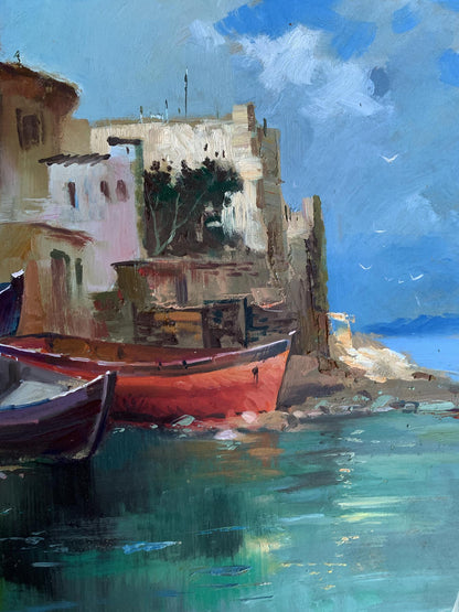 Vibrant red rowboat in turquoise water by stone building, Yuriy Suprunchuk oil painting