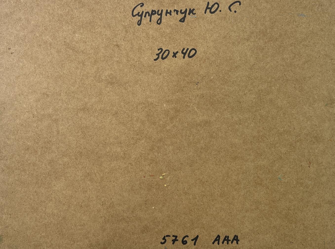 Back of Yuriy Suprunchuk oil painting Old street of Venice with brown cardboard Cyrillic text and measurements