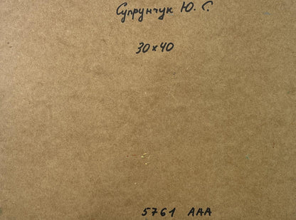 Back of Yuriy Suprunchuk oil painting Old street of Venice with brown cardboard Cyrillic text and measurements