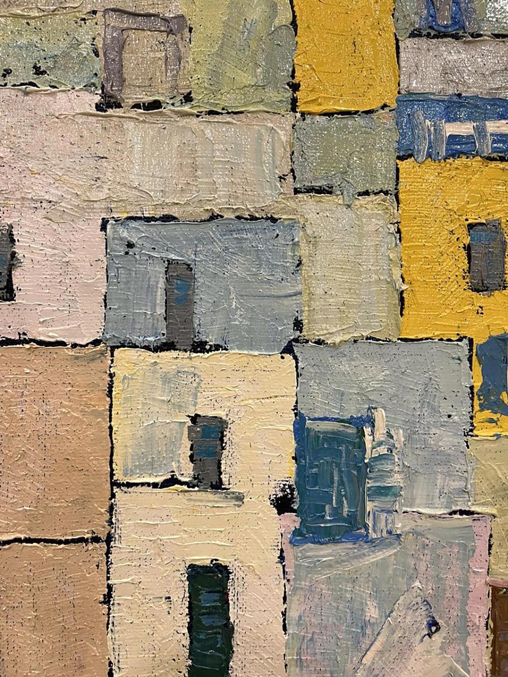 Oil painting Amplitude by Serhiy Kovalev with textured patchwork squares