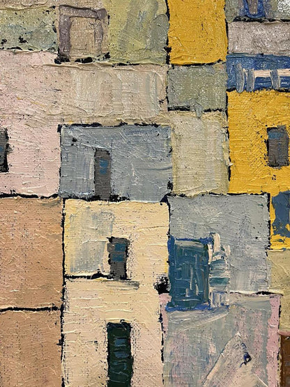 Oil painting Amplitude by Serhiy Kovalev with textured patchwork squares