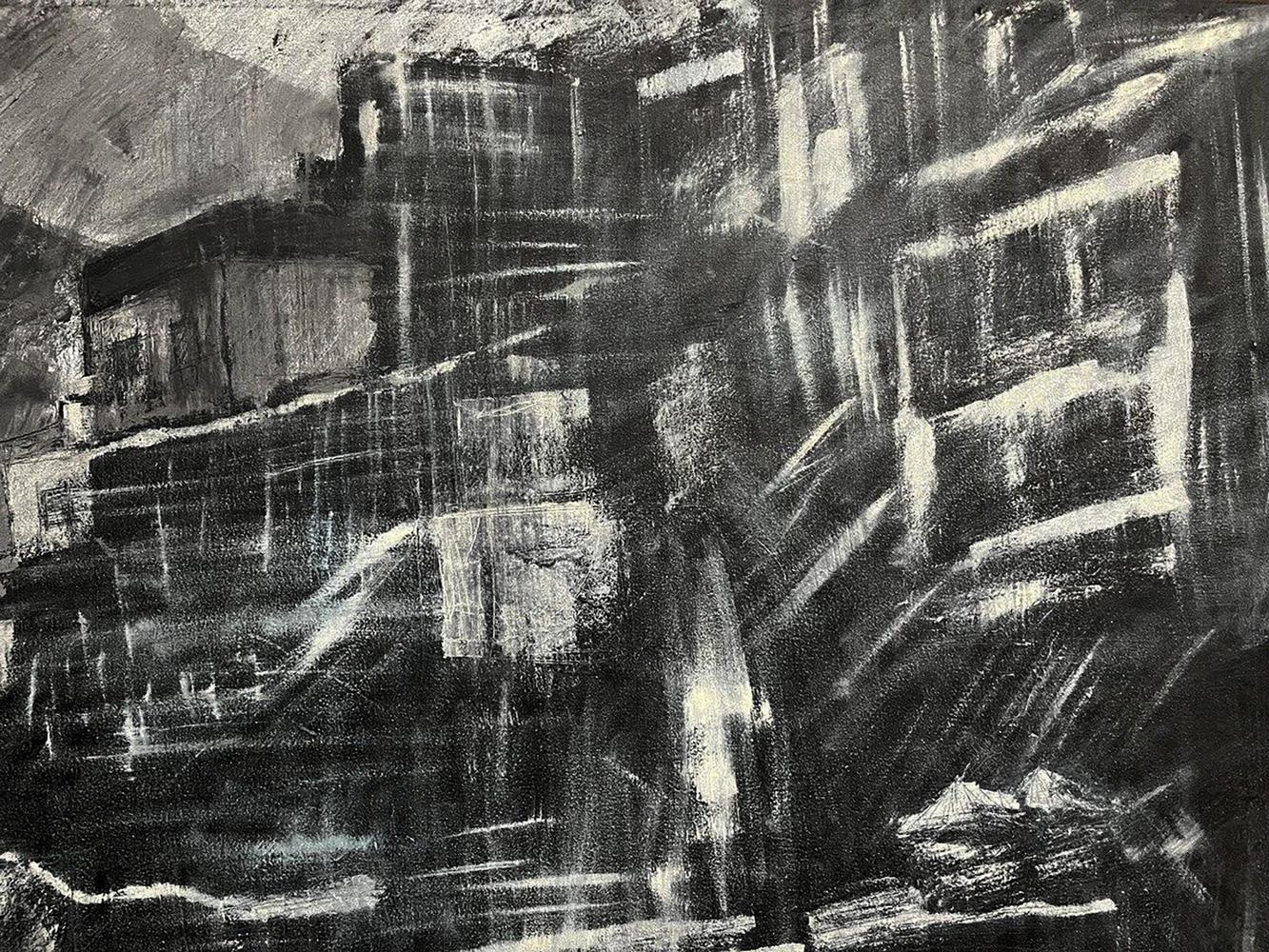 Oil painting City Twilight by Serhiy Kovalev, abstract black and white urban landscape