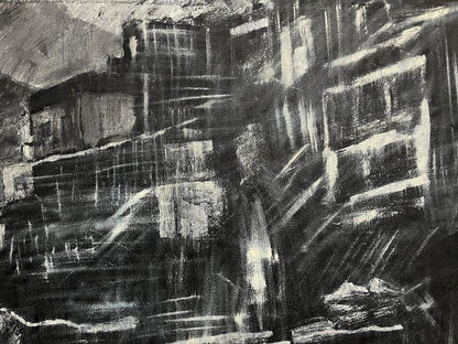 Oil painting City Twilight by Serhiy Kovalev, abstract black and white urban landscape