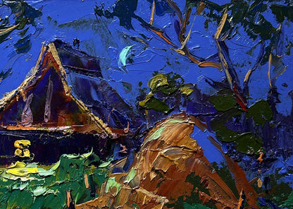 Oil painting of cozy moonlit night rustic house by Oleksiy Ivanyuk