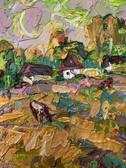 Oil painting The cows are grazing by Ivanyuk Oleksiy, vibrant rustic village scene
