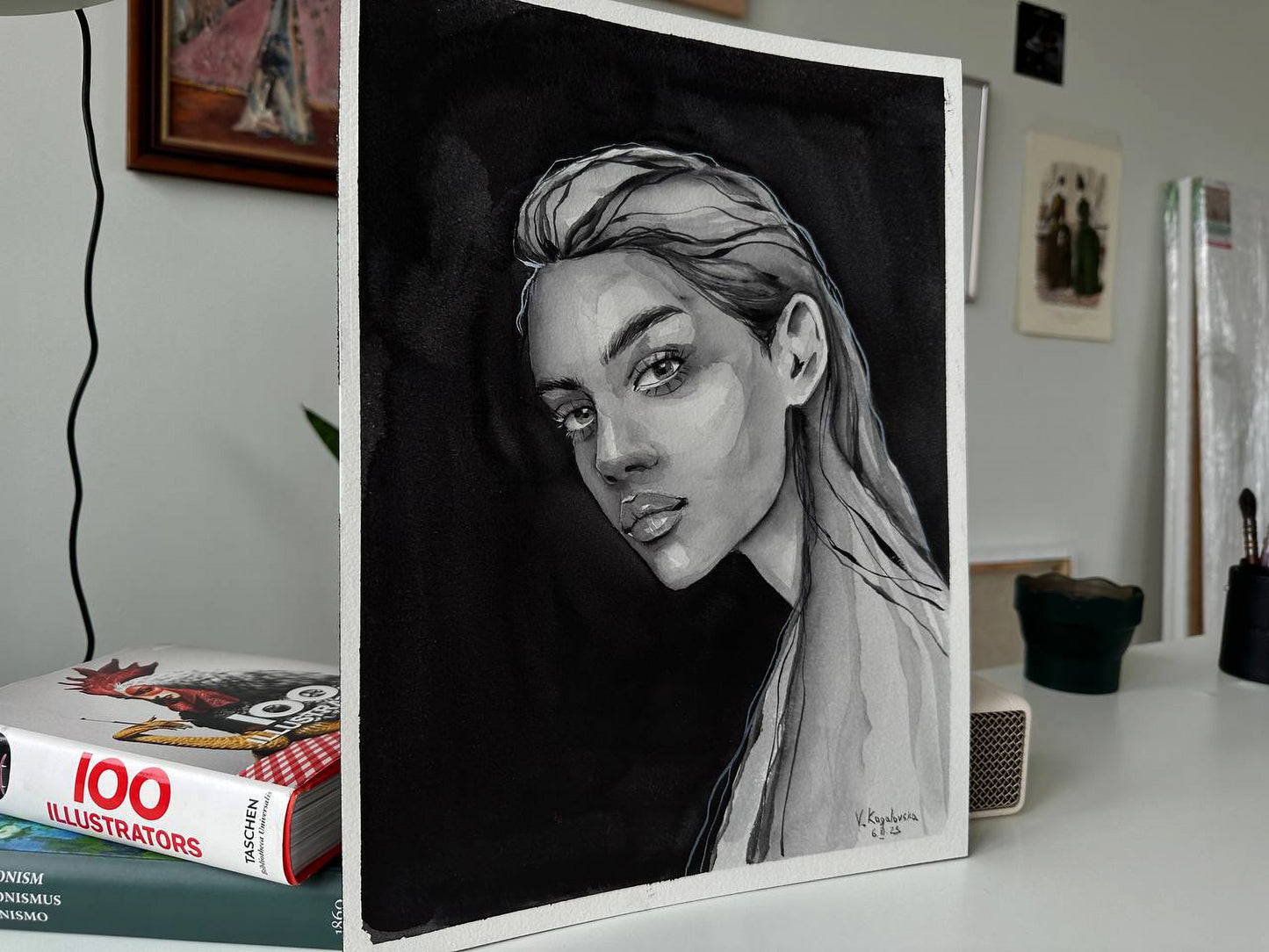 Detailed black-and-white portrait painting by Victoria Kagalovska
