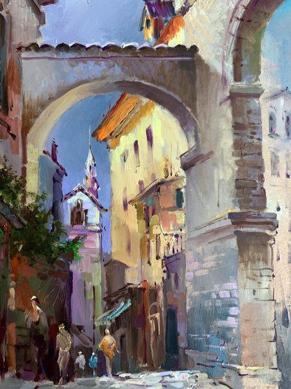 Vibrant oil painting by Yuriy Suprunchuk of sunlit European alleyway