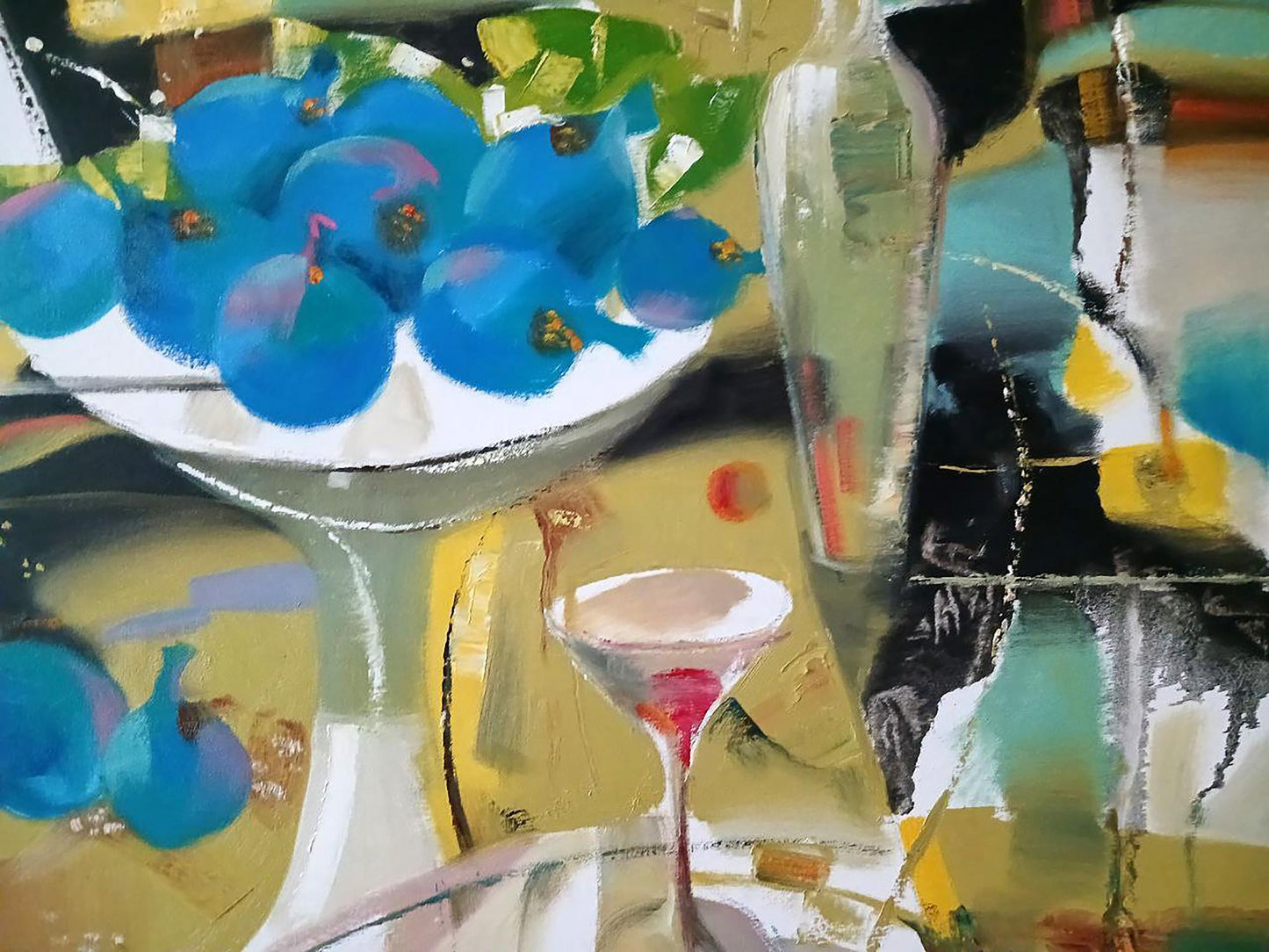 Abstract oil painting of vibrant blue plums in bowl by Anatoly Tarabanov