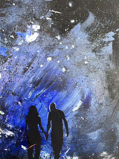 Black silhouette couple holding hands in Tatyana Derdey oil painting Love night on blue white splattered background