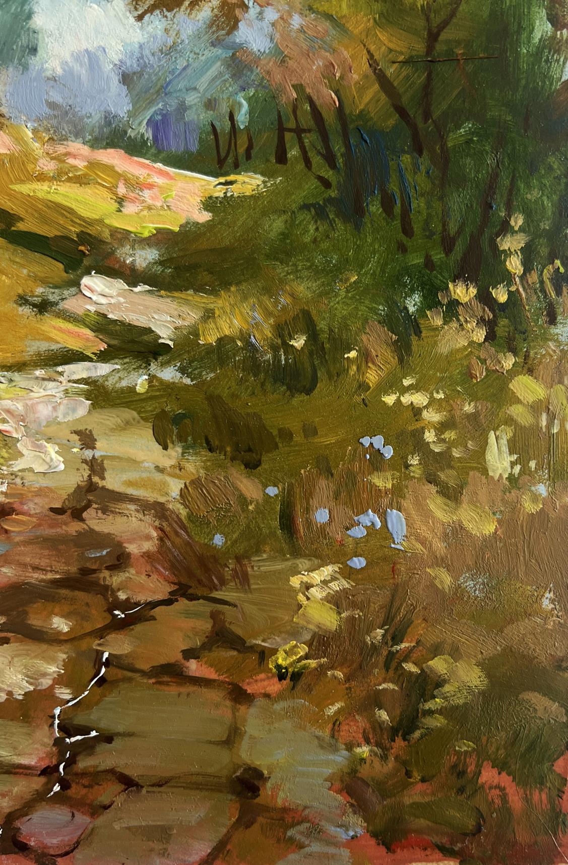 Vibrant impressionist oil painting of autumn golden forest path by Yuriy Suprunchuk