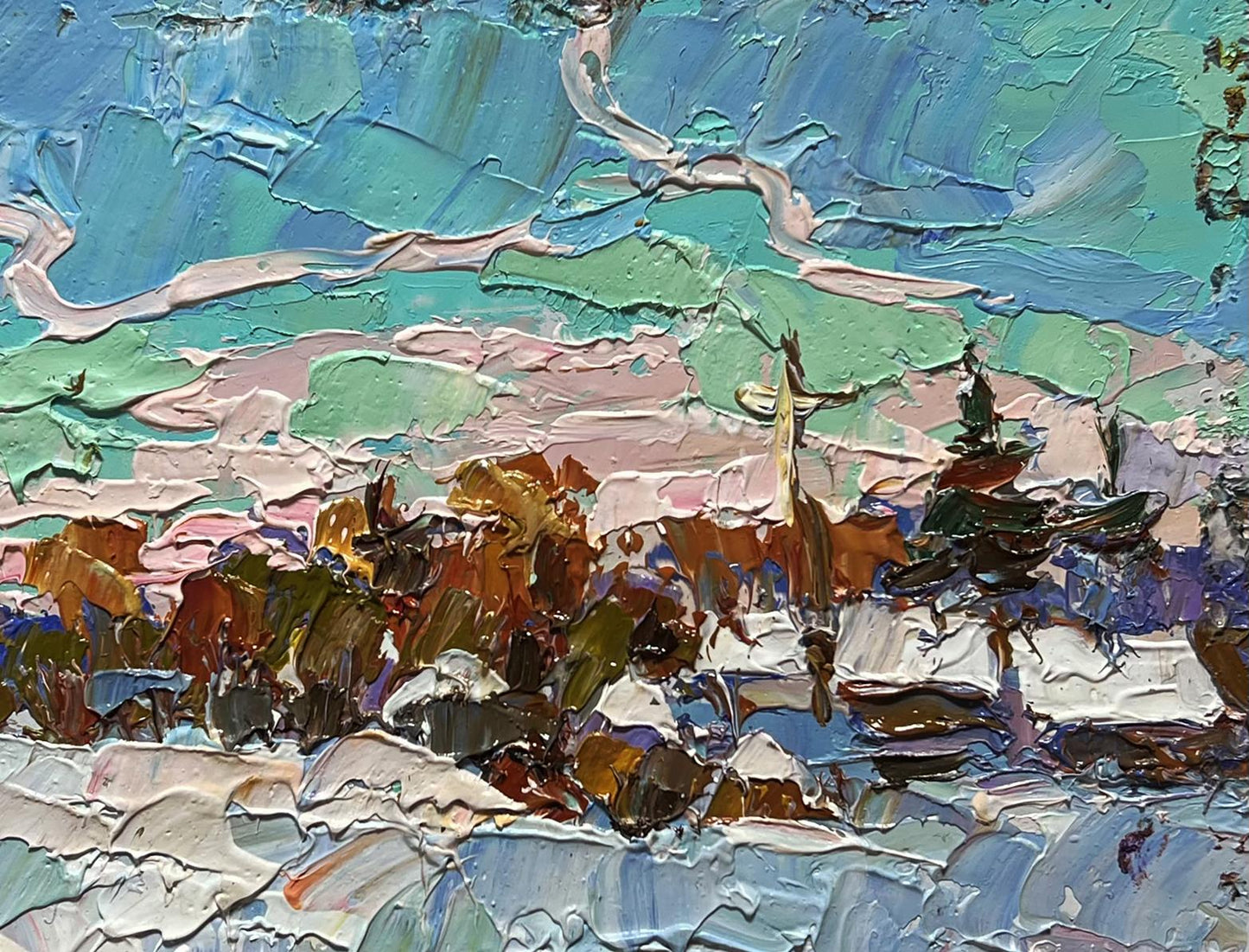 Oil painting After the night snow storm by Oksana Ivanyuk in teal and pink impasto
