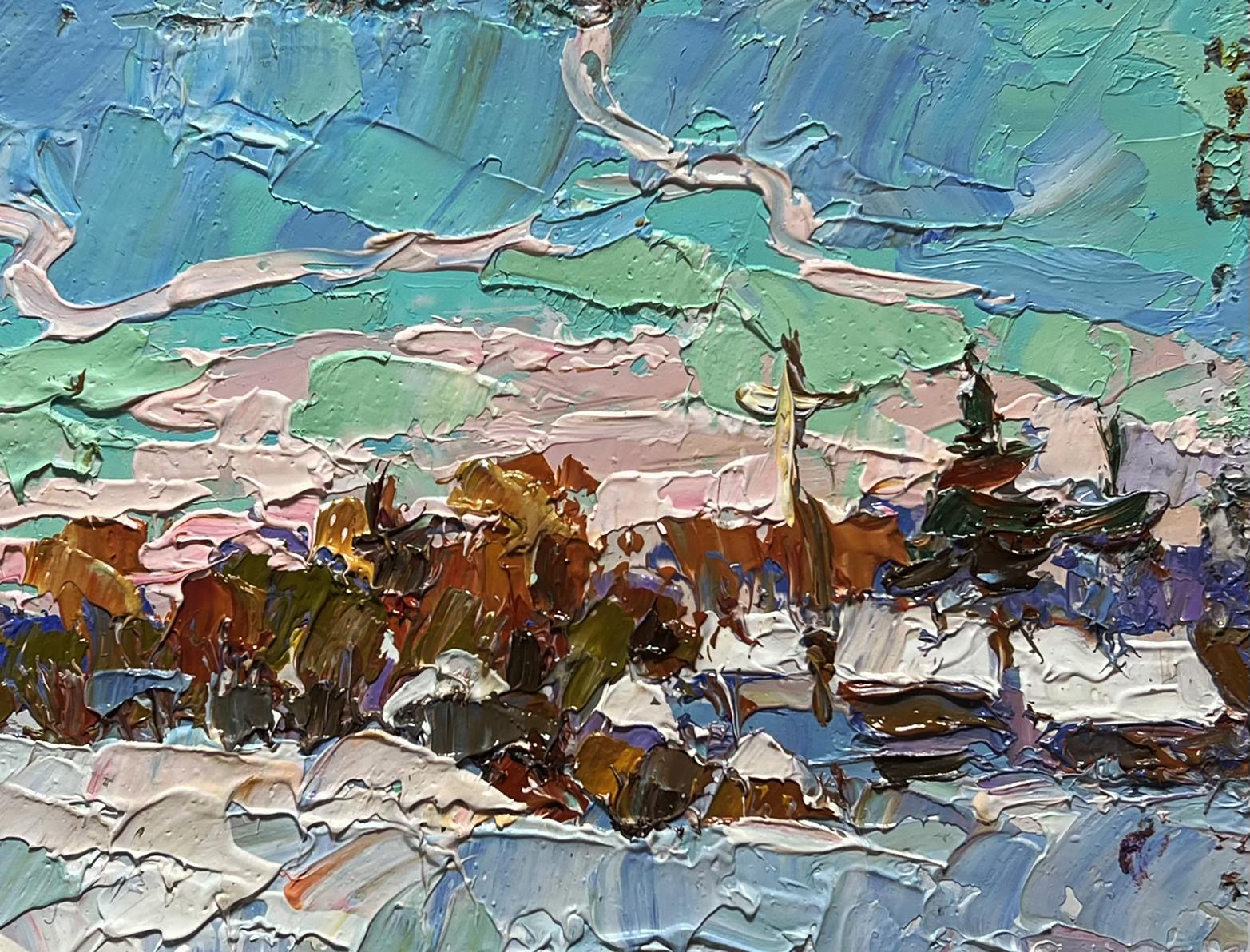 Oil painting After the night snow storm by Oksana Ivanyuk in teal and pink impasto