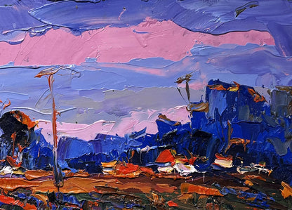 Oil painting by Oksana Ivanyuk: vibrant pink sunset abstract landscape