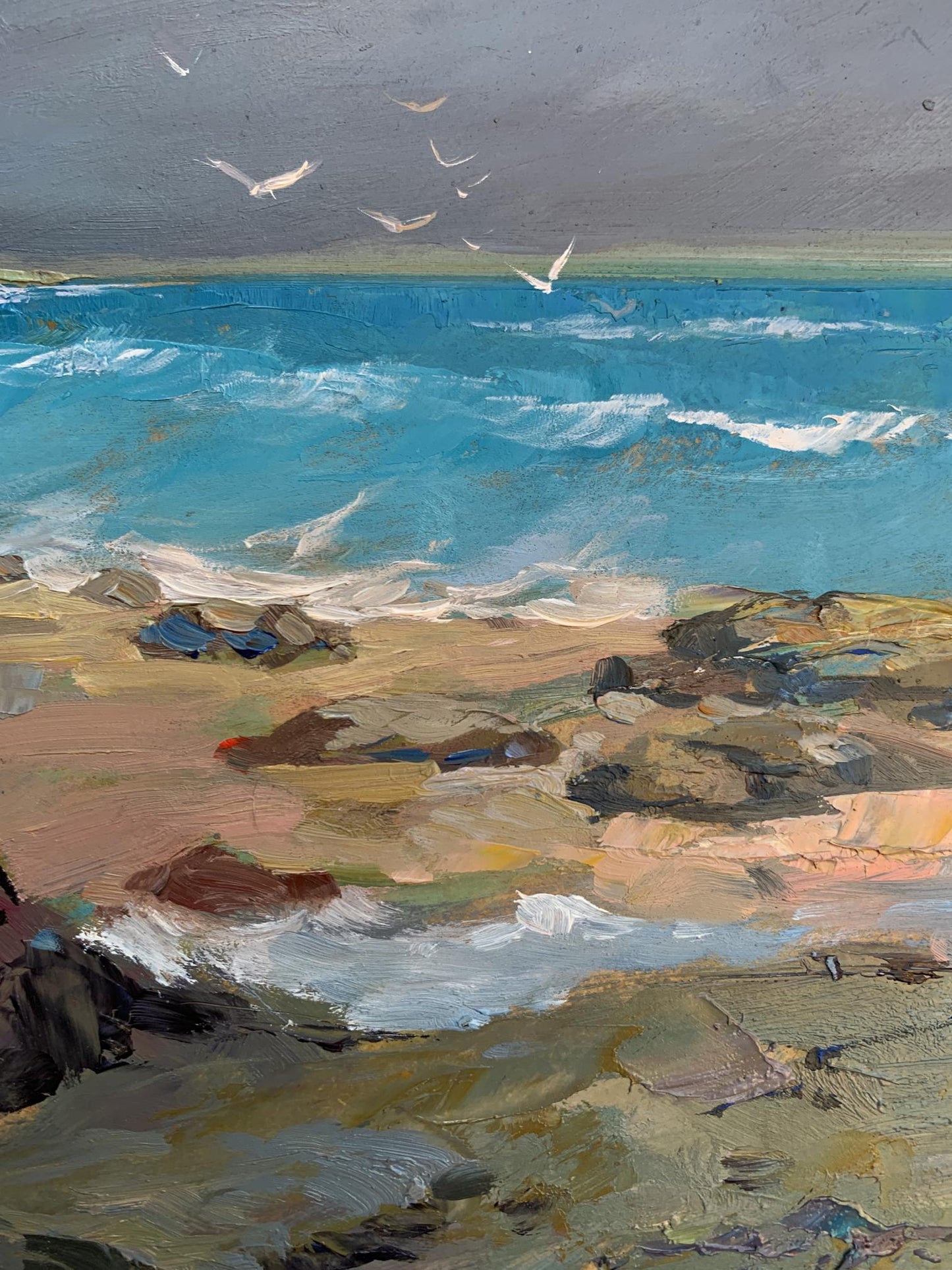 Oil painting by Yuriy Suprunchuk: white seagulls on turbulent turquoise seashore