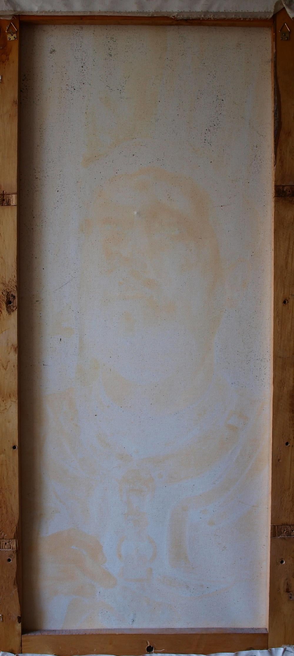 Weathered off-white canvas panel in light wood frame, Oil painting Bhima Konsta G. Amelinn
