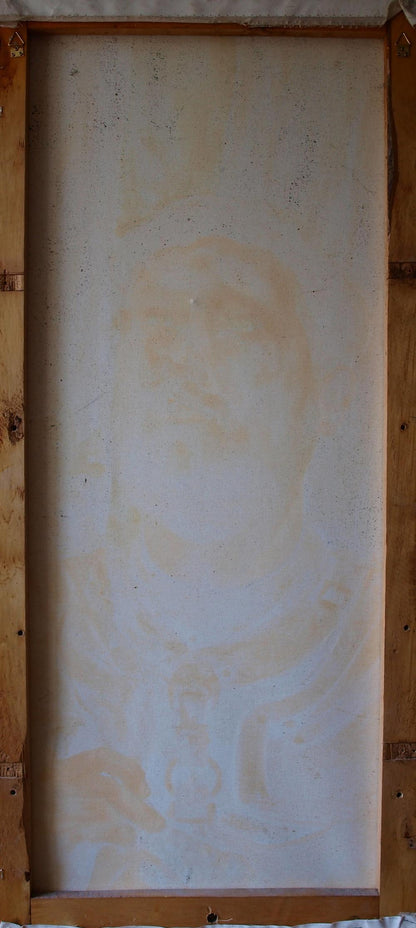 Weathered off-white canvas panel in light wood frame, Oil painting Bhima Konsta G. Amelinn