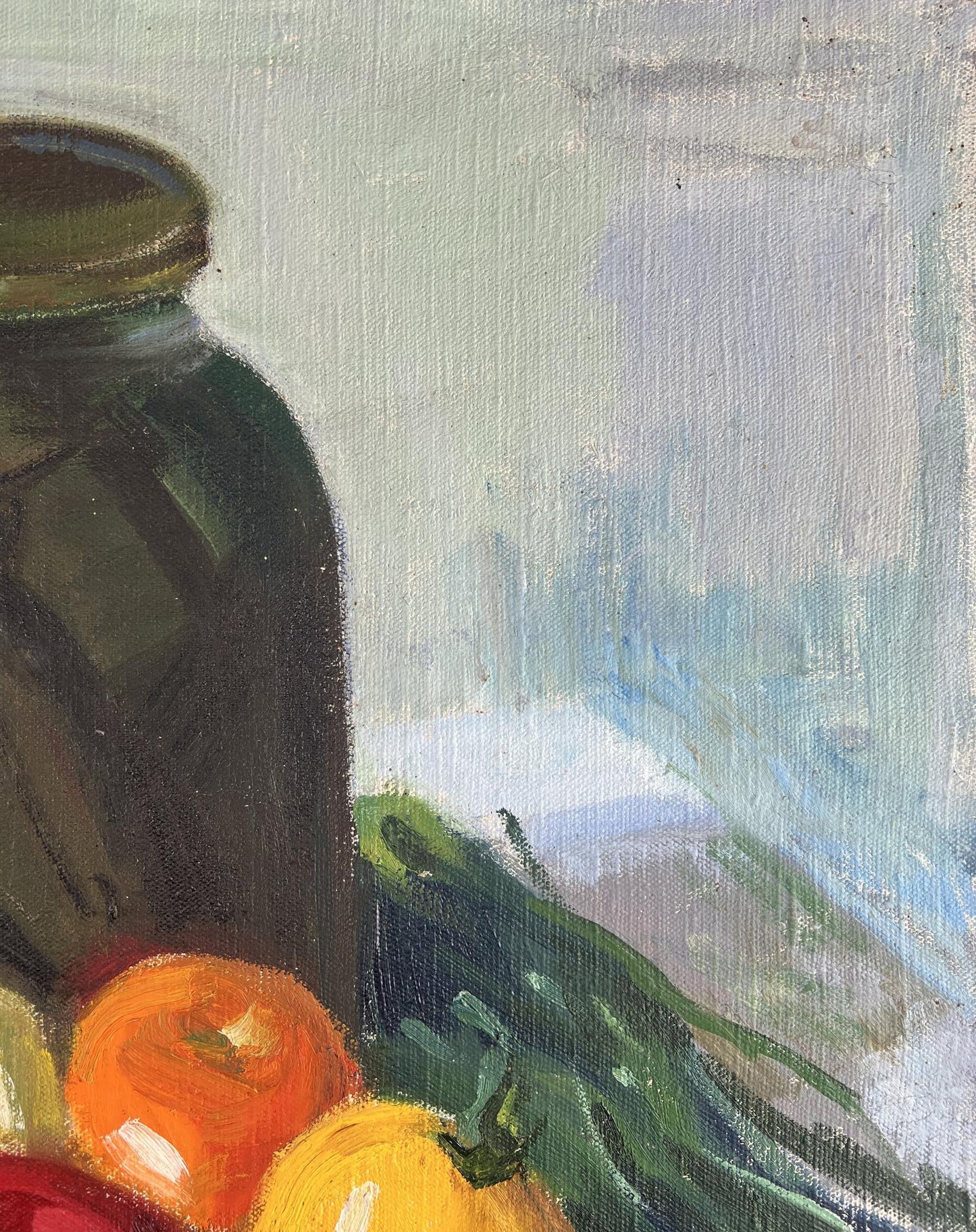Dark green glass jar with metallic lid in Zinovy Filippov oil painting