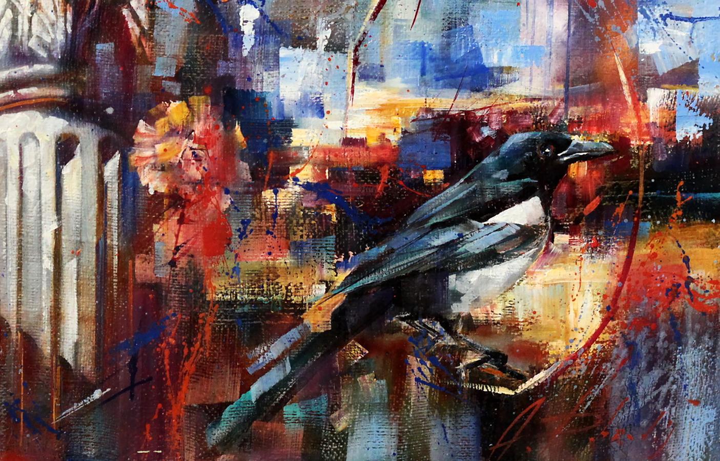 Oil painting Capital by Alexander Dobrodiy: black and white magpie on branch
