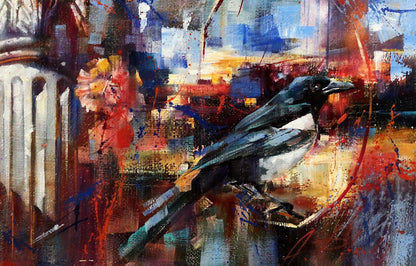 Oil painting Capital by Alexander Dobrodiy: black and white magpie on branch