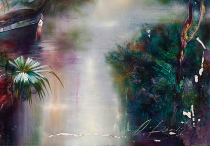 Oil painting of tropical misty waterway by Alexander Dobrodiy