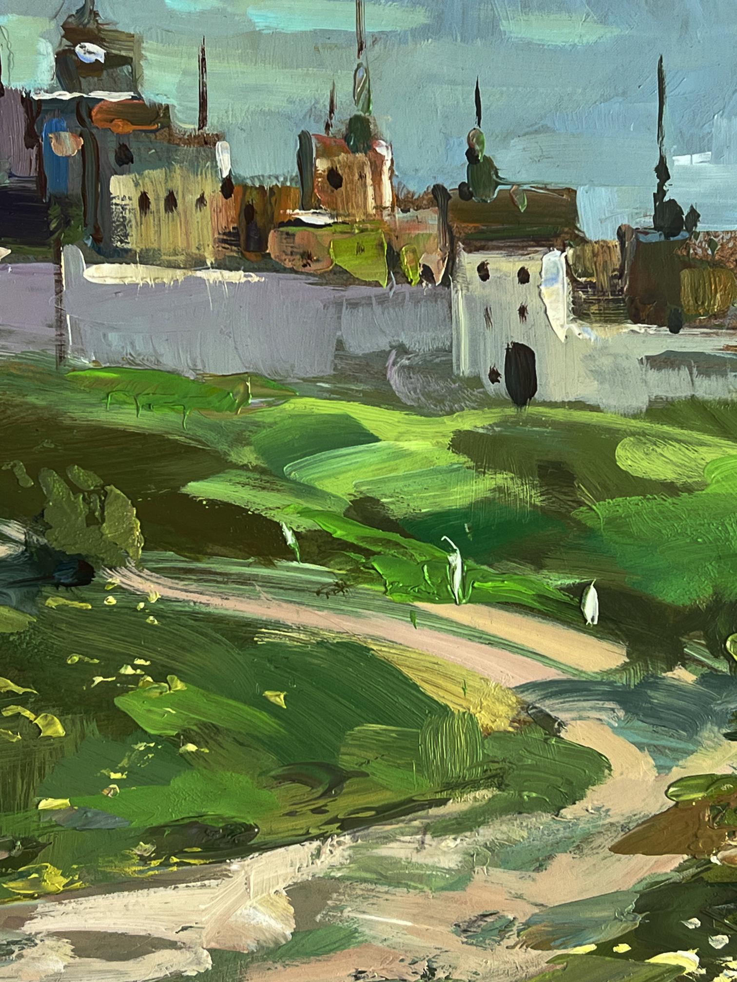 Vibrant impressionist oil painting by Yuriy Suprunchuk: sunlit City Monastery village