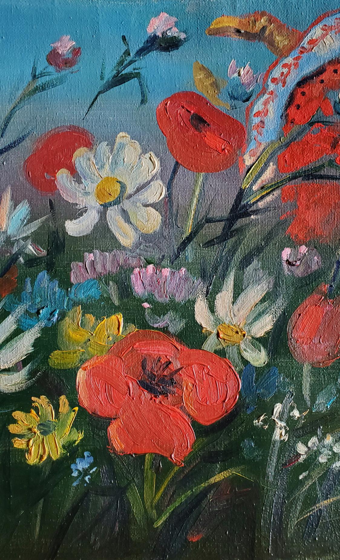 Oil painting Melody of the Steppe by Daniil Litvinov with wildflowers