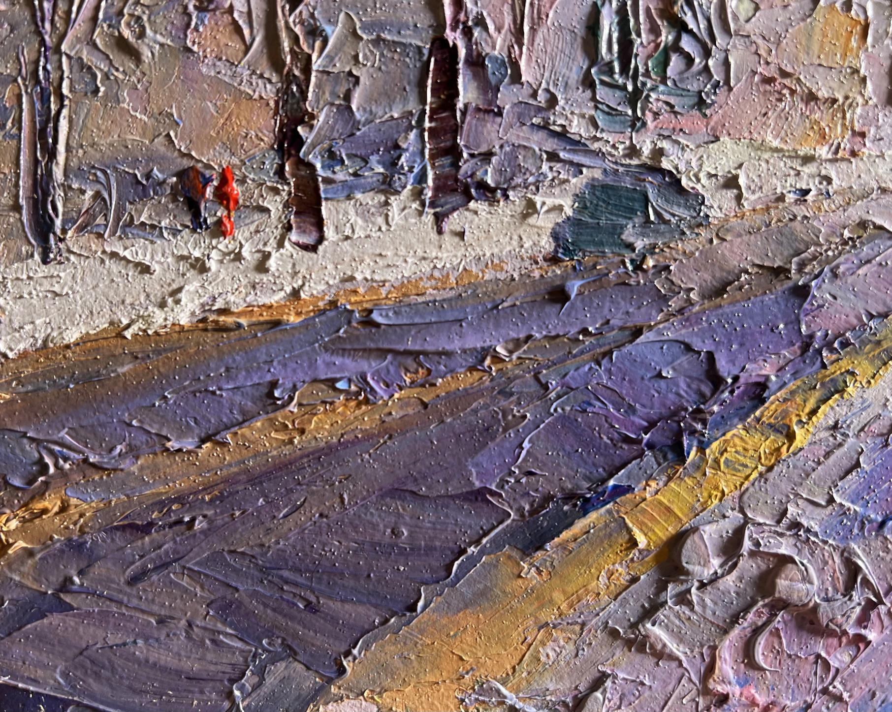 Oil painting After the night snowstorm by Boris Serdyuk, textured purple gold earth tones