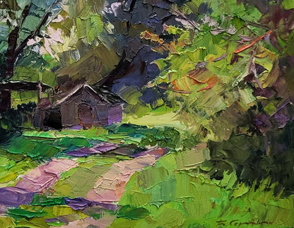 Oil painting of green spring leaves by Boris Serdyuk with purple pink foliage