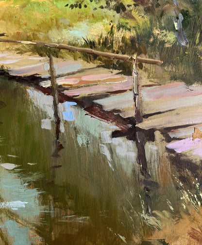 Oil painting of rustic wooden bridge over calm stream by Yuriy Suprunchuk